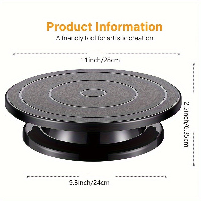 11-inch rotating turntable for pottery and cake decorating, lightweight black plastic stand for displaying artwork.