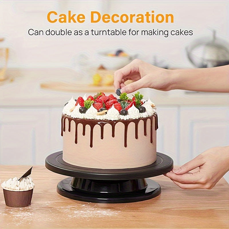 11-inch rotating turntable for pottery and cake decorating, lightweight black plastic stand for displaying artwork.