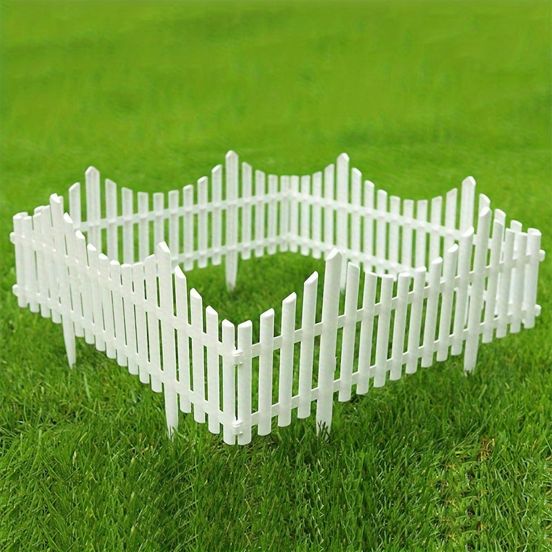 12 pieces of white plastic garden fence for lawn flowerbeds and plant borders, perfect as decorative landscape edging stakes for gardens, yards, and fall decor.