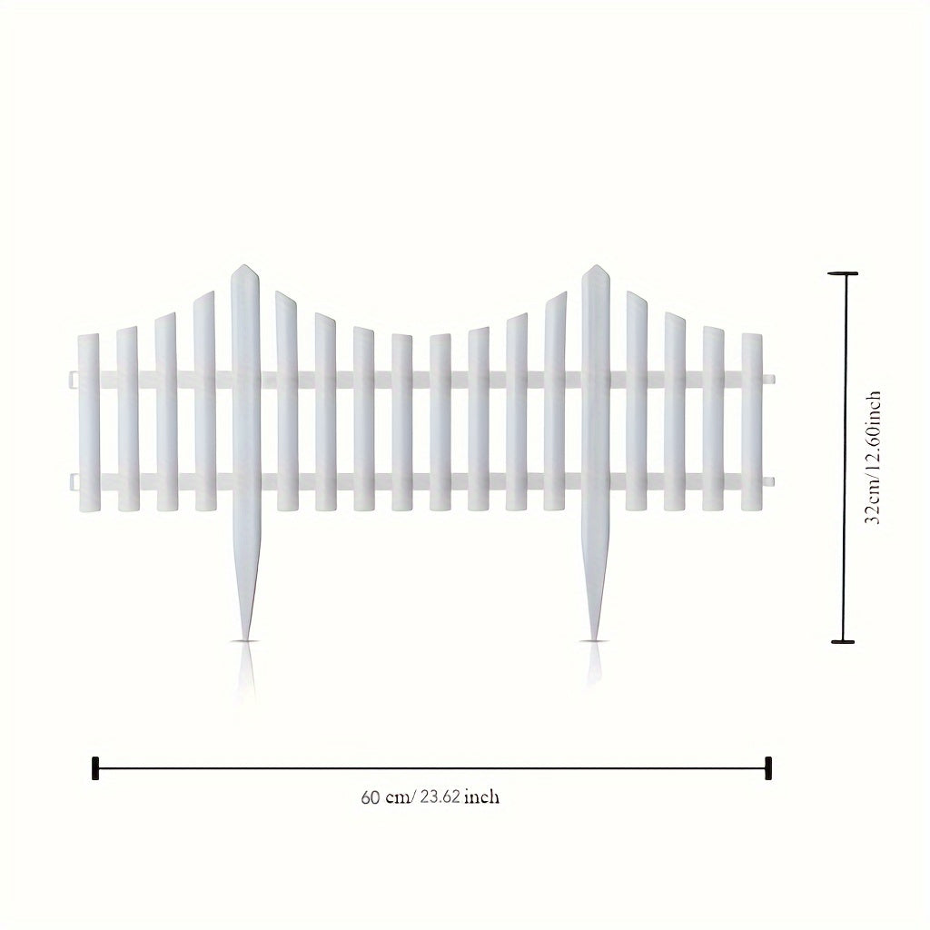 12 pieces of white plastic garden fence for lawn flowerbeds and plant borders, perfect as decorative landscape edging stakes for gardens, yards, and fall decor.