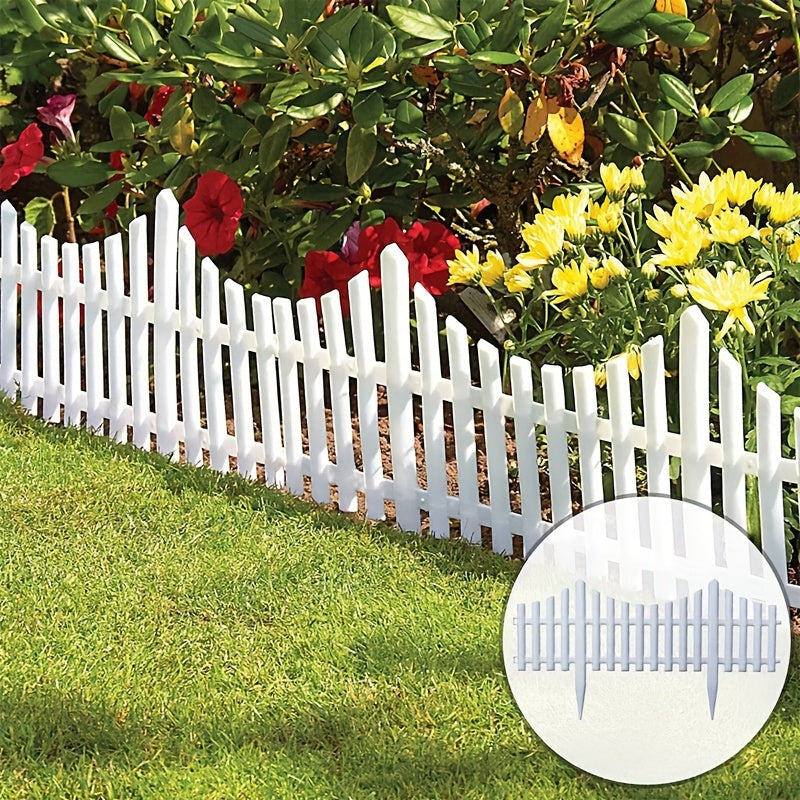 12 pieces of white plastic garden fence for lawn flowerbeds and plant borders, perfect as decorative landscape edging stakes for gardens, yards, and fall decor.