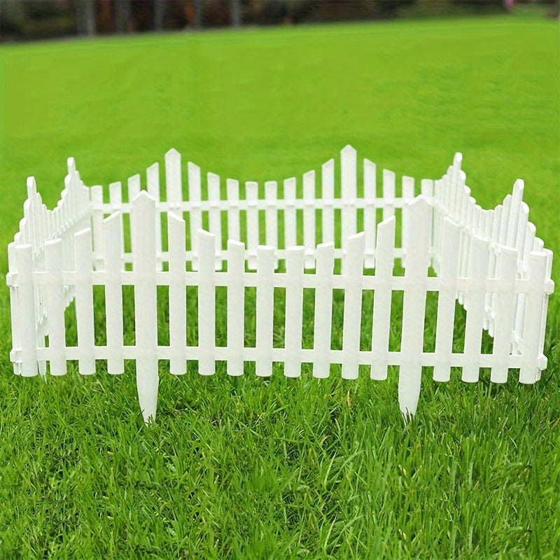 12 pieces of white plastic garden fence for lawn flowerbeds and plant borders, perfect as decorative landscape edging stakes for gardens, yards, and fall decor.