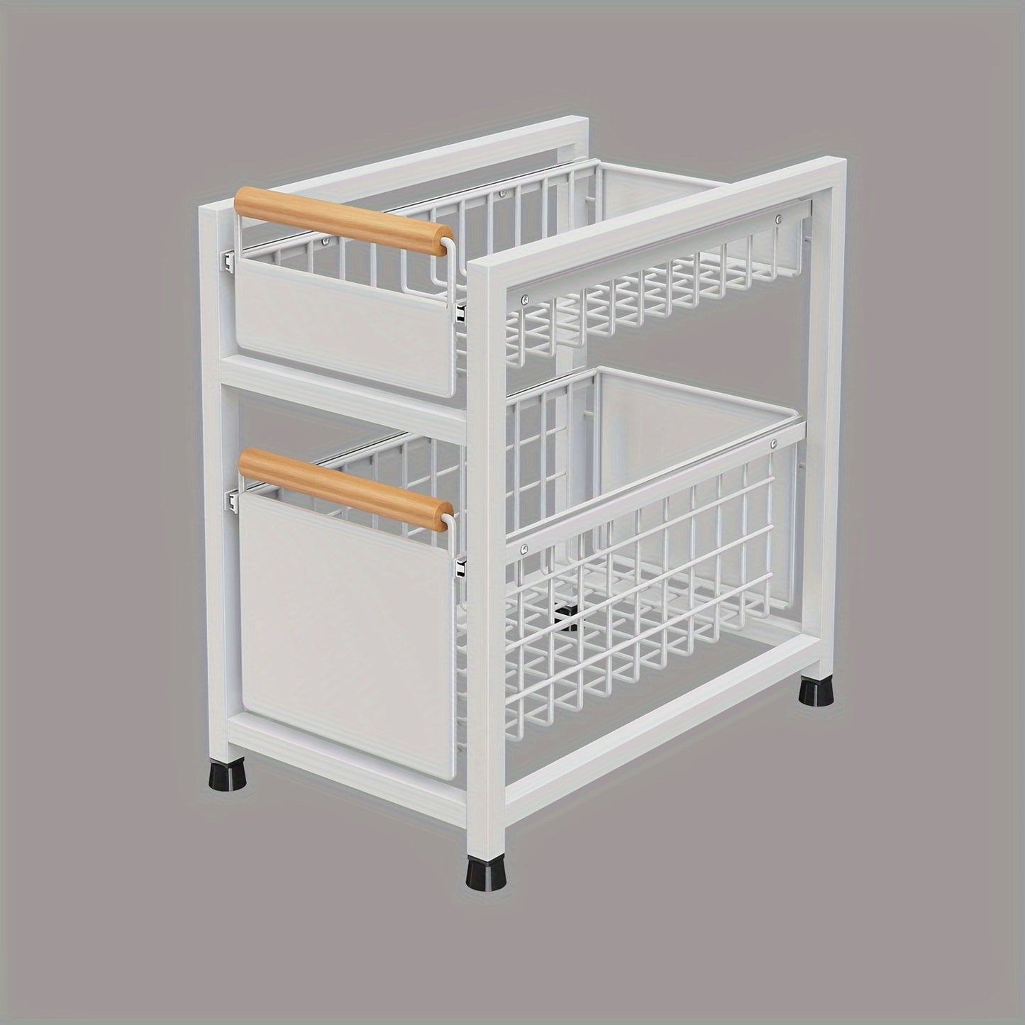 Two-tier under-sink storage rack with sliding drawers for spices and utensils; no-install countertop/cabinet spice holder.