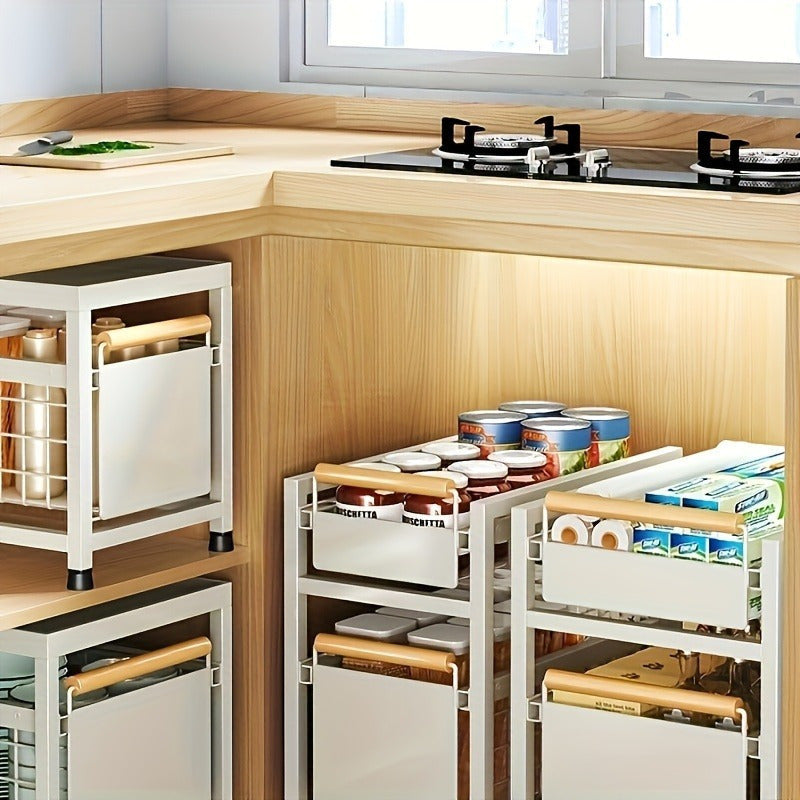 Two-tier under-sink storage rack with sliding drawers for spices and utensils; no-install countertop/cabinet spice holder.