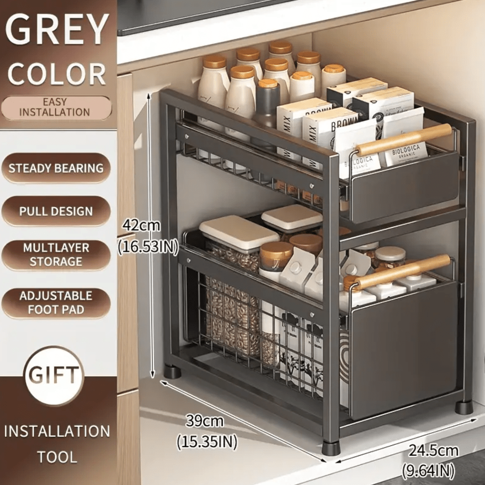 Two-tier under-sink storage rack with sliding drawers for spices and utensils; no-install countertop/cabinet spice holder.