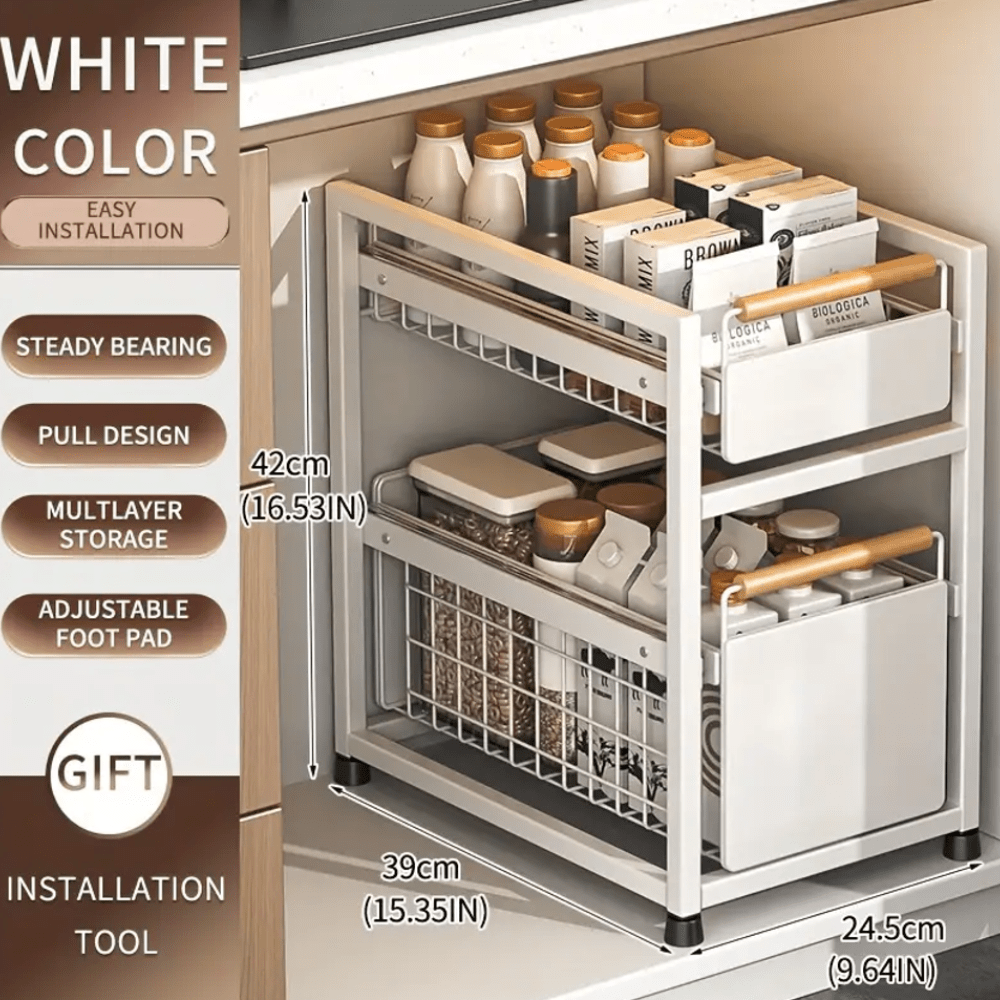 Two-tier under-sink storage rack with sliding drawers for spices and utensils; no-install countertop/cabinet spice holder.