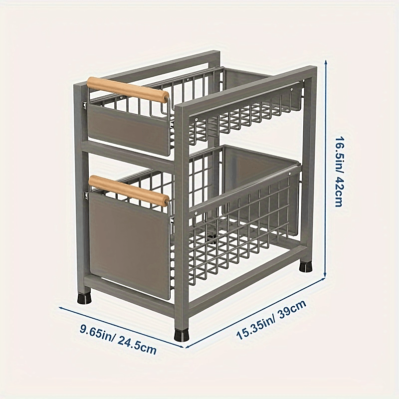 Two-tier under-sink storage rack with sliding drawers for spices and utensils; no-install countertop/cabinet spice holder.