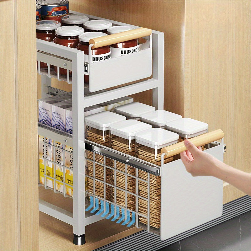 Two-tier under-sink storage rack with sliding drawers for spices and utensils; no-install countertop/cabinet spice holder.