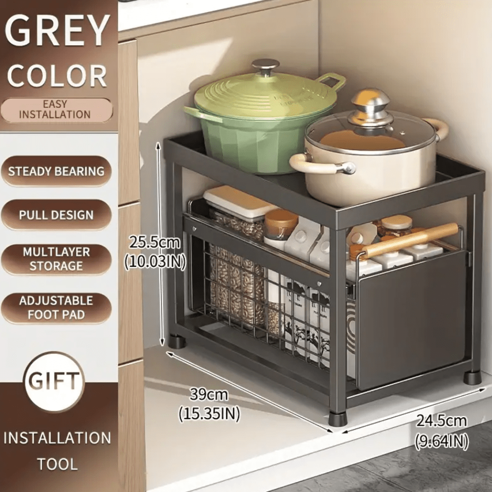 Two-tier under-sink storage rack with sliding drawers for spices and utensils; no-install countertop/cabinet spice holder.