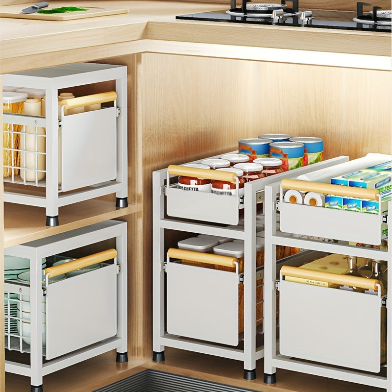 Two-tier under-sink storage rack with sliding drawers for spices and utensils; no-install countertop/cabinet spice holder.