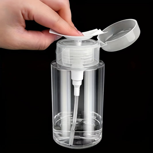 Plastic pump bottle for nail polish and makeup remover - no electricity required.