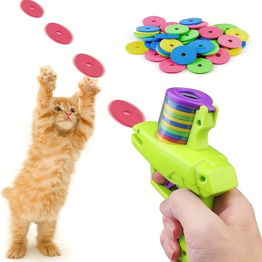 Cat launcher toy with colorful flying discs for endless fun, battery-free and durable.