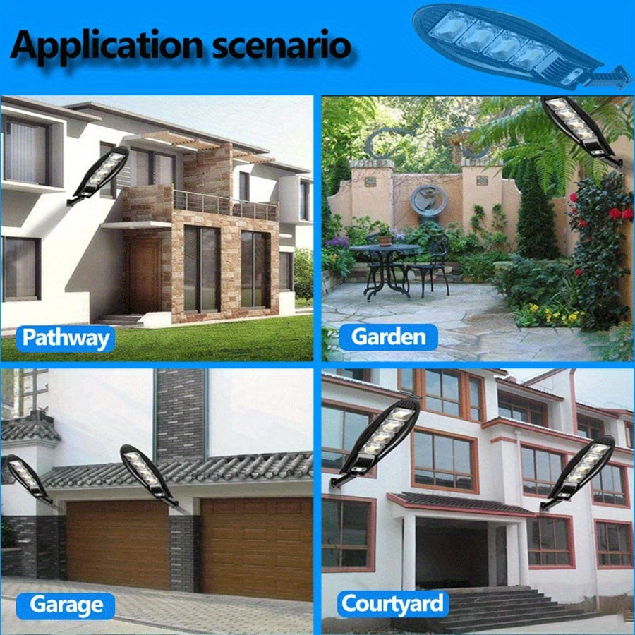 Solar-powered LED street lamp with motion sensor and remote control, ideal for outdoor spaces. Efficient COB path light for garden, garage, yard, backyard, and patio. Durable with