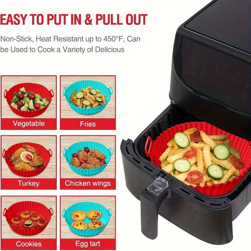 Upgrade your air fryer with our 8-inch reusable silicone liner. This non-stick, easy-to-clean, and heat-resistant liner can withstand temperatures up to 500°F, making it perfect for 3-7 QT air fryers. It fits most models and is an essential kitchen