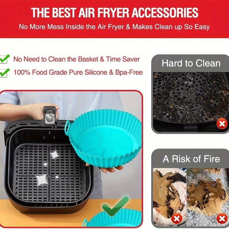 Upgrade your air fryer with our 8-inch reusable silicone liner. This non-stick, easy-to-clean, and heat-resistant liner can withstand temperatures up to 500°F, making it perfect for 3-7 QT air fryers. It fits most models and is an essential kitchen