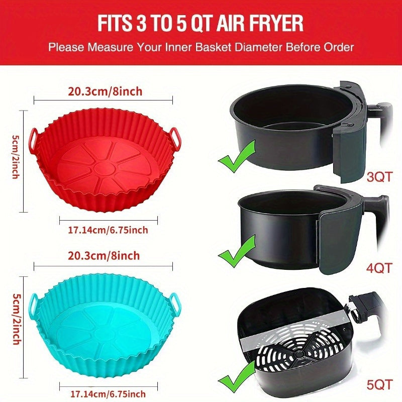 Upgrade your air fryer with our 8-inch reusable silicone liner. This non-stick, easy-to-clean, and heat-resistant liner can withstand temperatures up to 500°F, making it perfect for 3-7 QT air fryers. It fits most models and is an essential kitchen