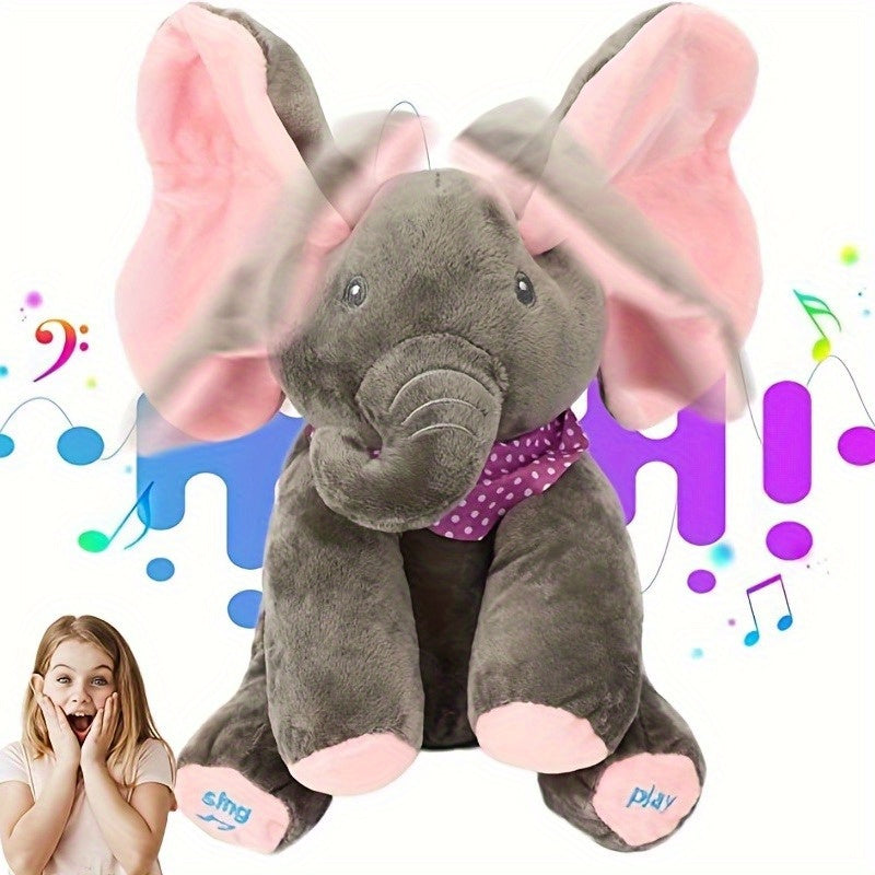 Bright pink and blue interactive elephant plush toy featuring a hide-and-seek game. This singing musical bear doll is designed for girls over 6 years old. Battery operated (AA batteries not included).