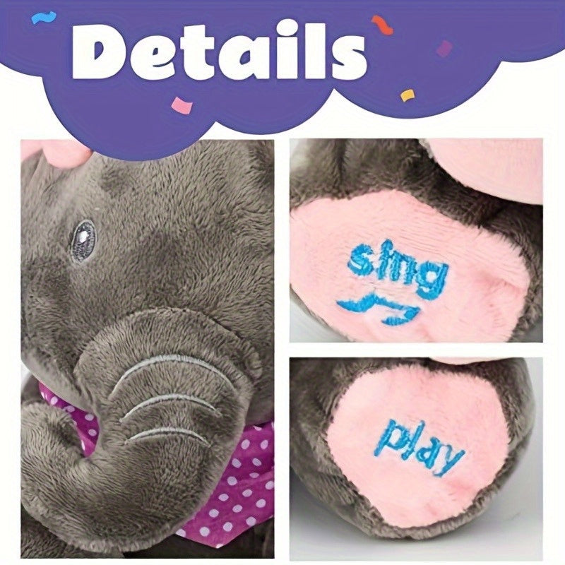 Bright pink and blue interactive elephant plush toy featuring a hide-and-seek game. This singing musical bear doll is designed for girls over 6 years old. Battery operated (AA batteries not included).