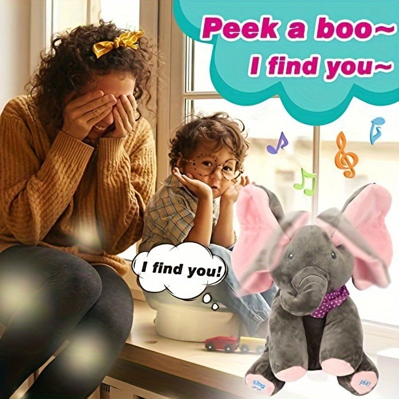 Bright pink and blue interactive elephant plush toy featuring a hide-and-seek game. This singing musical bear doll is designed for girls over 6 years old. Battery operated (AA batteries not included).