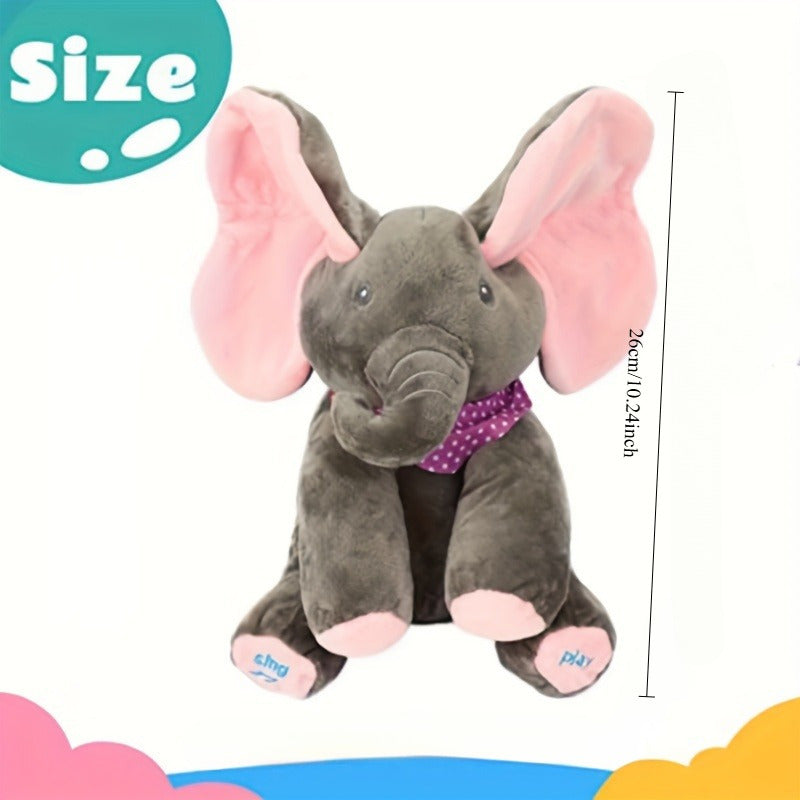 Bright pink and blue interactive elephant plush toy featuring a hide-and-seek game. This singing musical bear doll is designed for girls over 6 years old. Battery operated (AA batteries not included).