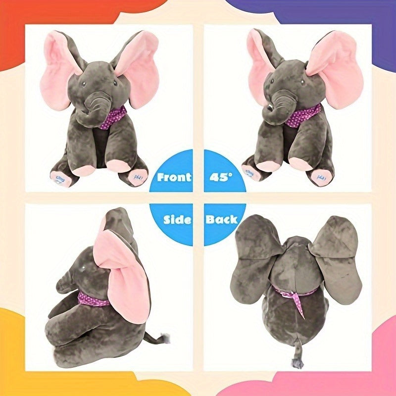 Bright pink and blue interactive elephant plush toy featuring a hide-and-seek game. This singing musical bear doll is designed for girls over 6 years old. Battery operated (AA batteries not included).