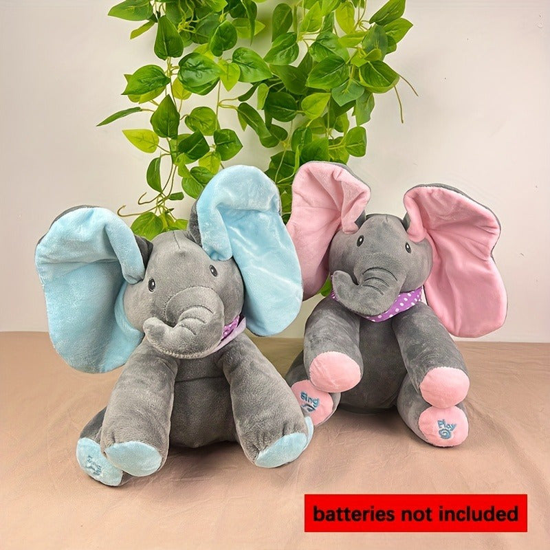 Bright pink and blue interactive elephant plush toy featuring a hide-and-seek game. This singing musical bear doll is designed for girls over 6 years old. Battery operated (AA batteries not included).