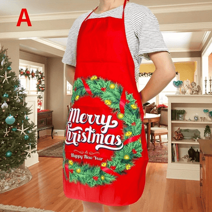 Christmas Santa apron featuring red polyester with holiday designs like snowflakes and reindeer, perfect for cooking, baking, and party decor – easy to care for.