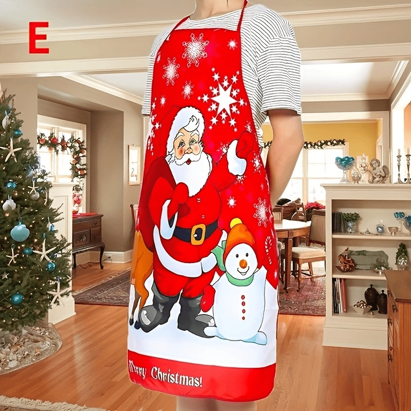 Christmas Santa apron featuring red polyester with holiday designs like snowflakes and reindeer, perfect for cooking, baking, and party decor – easy to care for.