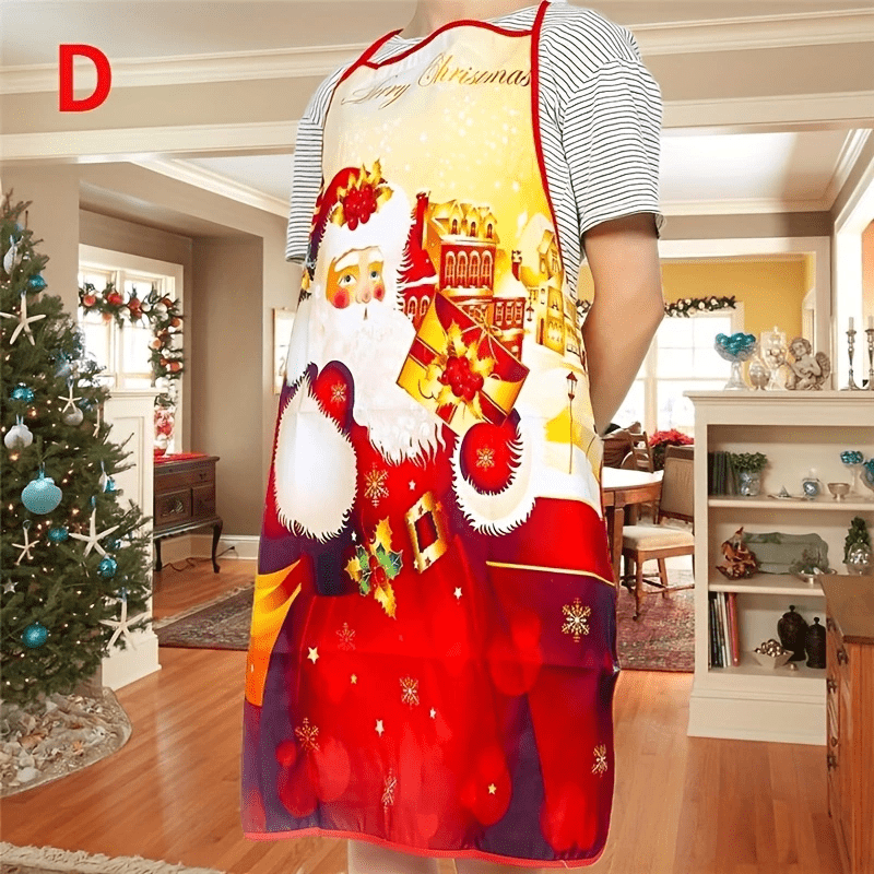 Christmas Santa apron featuring red polyester with holiday designs like snowflakes and reindeer, perfect for cooking, baking, and party decor – easy to care for.