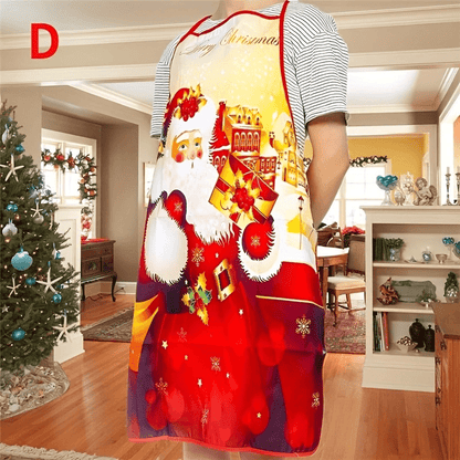 Christmas Santa apron featuring red polyester with holiday designs like snowflakes and reindeer, perfect for cooking, baking, and party decor – easy to care for.