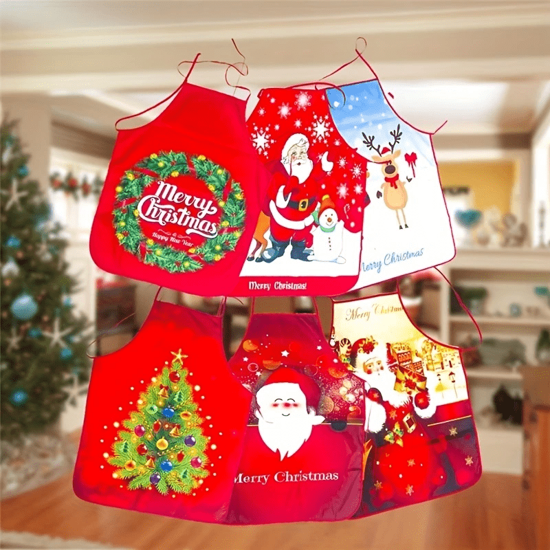 Christmas Santa apron featuring red polyester with holiday designs like snowflakes and reindeer, perfect for cooking, baking, and party decor – easy to care for.