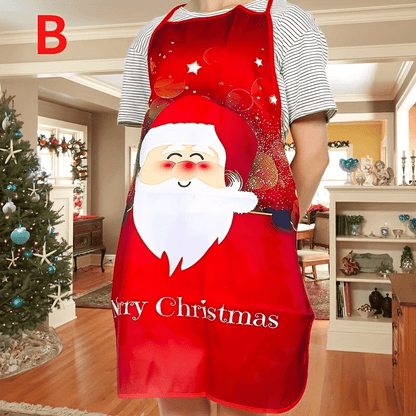 Christmas Santa apron featuring red polyester with holiday designs like snowflakes and reindeer, perfect for cooking, baking, and party decor – easy to care for.