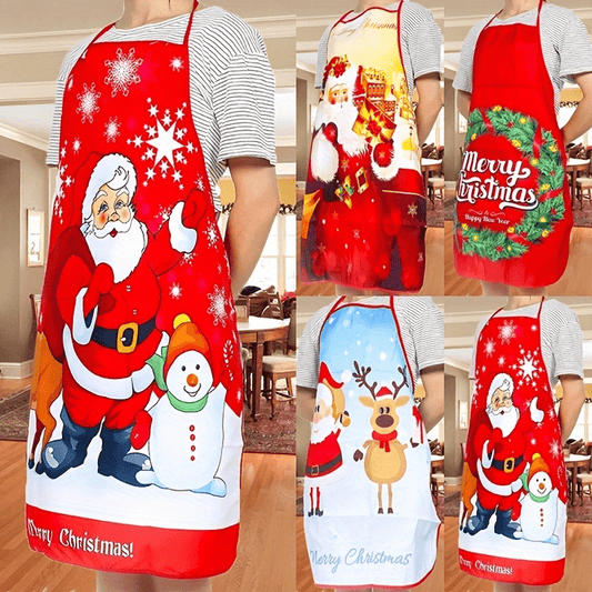 Christmas Santa apron featuring red polyester with holiday designs like snowflakes and reindeer, perfect for cooking, baking, and party decor – easy to care for.