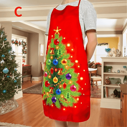 Christmas Santa apron featuring red polyester with holiday designs like snowflakes and reindeer, perfect for cooking, baking, and party decor – easy to care for.