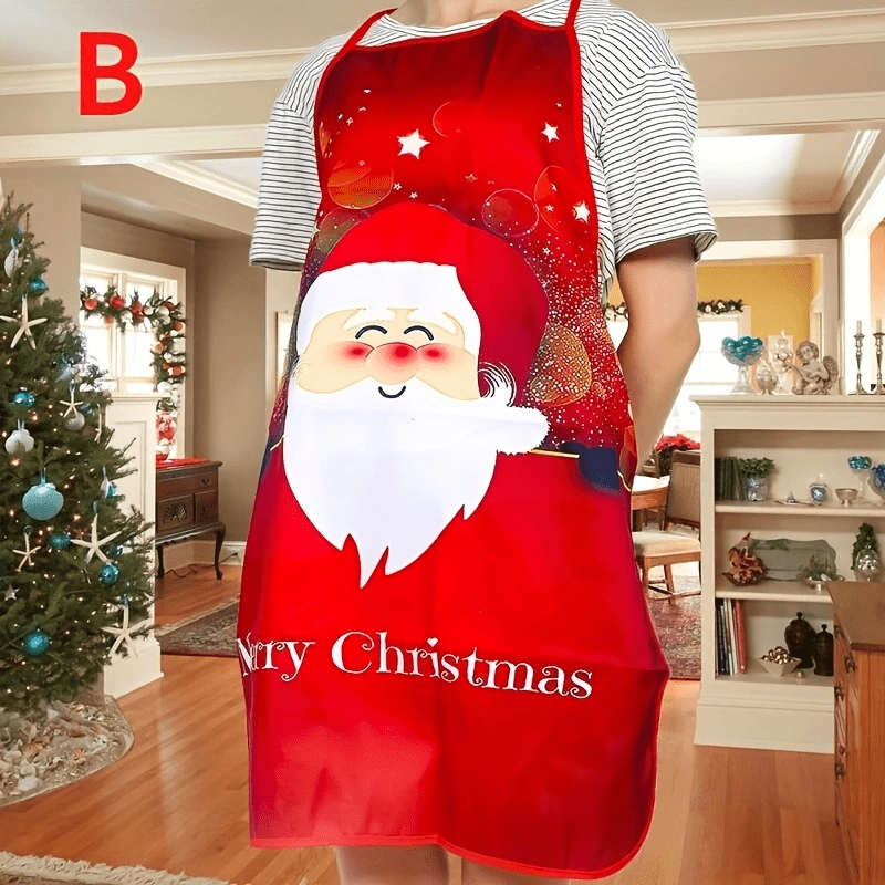 Christmas Santa apron featuring red polyester with holiday designs like snowflakes and reindeer, perfect for cooking, baking, and party decor – easy to care for.