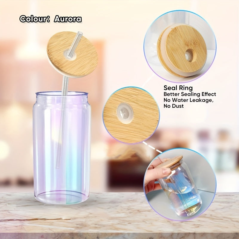 Set of 4 18.6oz gradient color mason jar cups with bamboo lids, glass straws, and cleaning brush. Lightweight, PVC-free, ideal for various beverages.