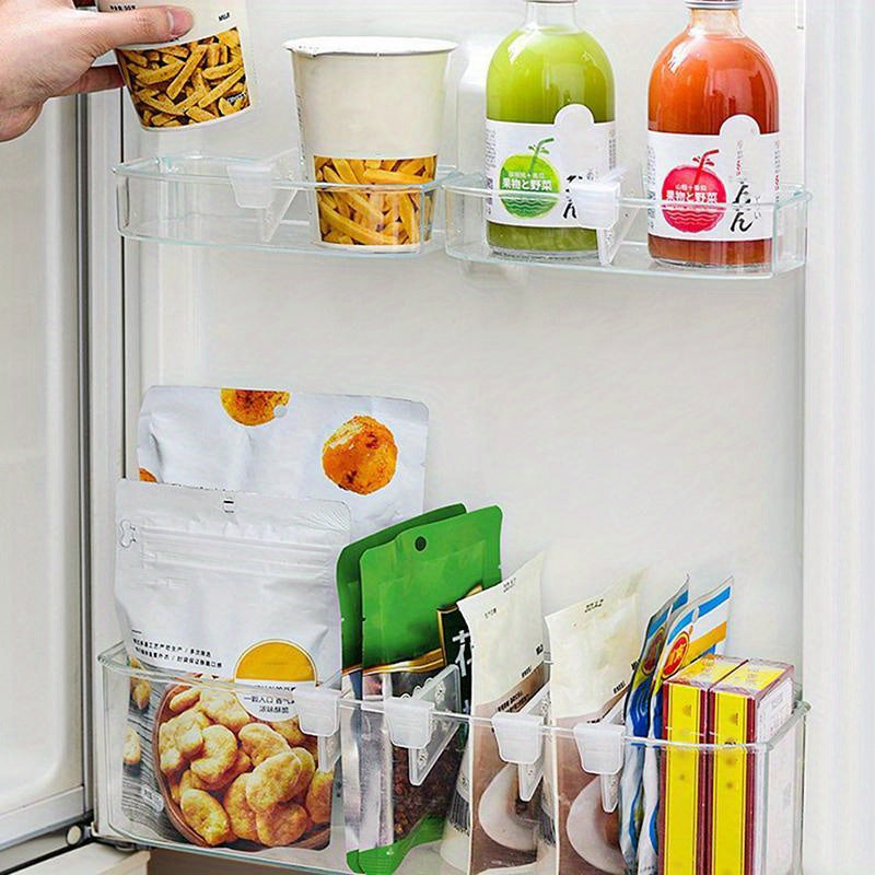 Set of 4 clear plastic refrigerator storage boxes in classic style, with partition clips. Made without any wood ingredients and requiring no electricity to operate.