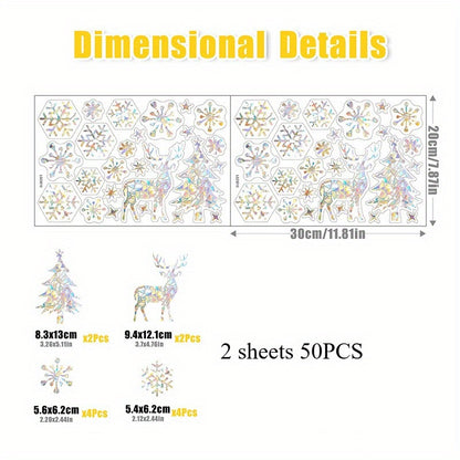 50 Christmas Window Clings - Prismatic Vinyl Stickers with Snowflakes, Trees & Reindeer - Bird-Friendly, Easy to Peel & Stick for Holiday Decor.