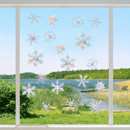 50 Christmas Window Clings - Prismatic Vinyl Stickers with Snowflakes, Trees & Reindeer - Bird-Friendly, Easy to Peel & Stick for Holiday Decor.