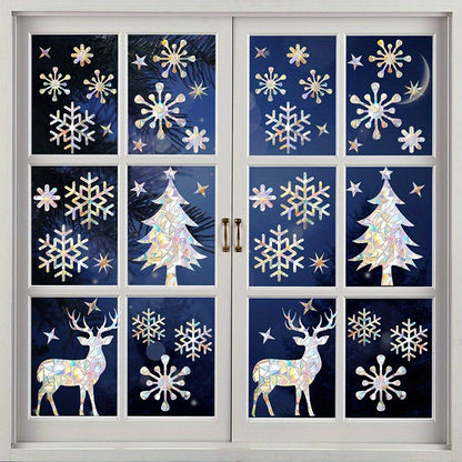 50 Christmas Window Clings - Prismatic Vinyl Stickers with Snowflakes, Trees & Reindeer - Bird-Friendly, Easy to Peel & Stick for Holiday Decor.