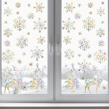 50 Christmas Window Clings - Prismatic Vinyl Stickers with Snowflakes, Trees & Reindeer - Bird-Friendly, Easy to Peel & Stick for Holiday Decor.