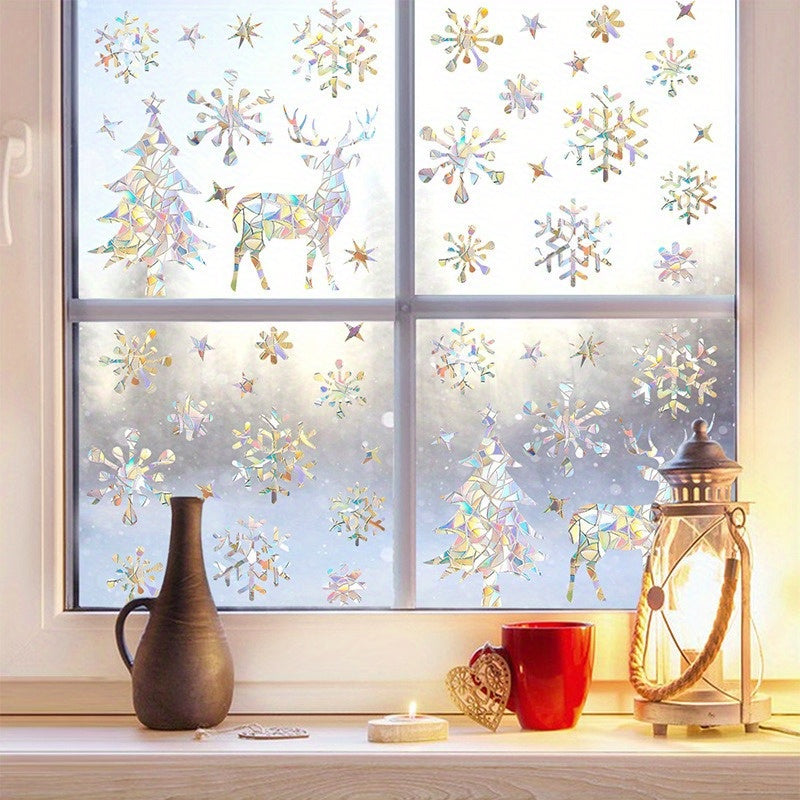 50 Christmas Window Clings - Prismatic Vinyl Stickers with Snowflakes, Trees & Reindeer - Bird-Friendly, Easy to Peel & Stick for Holiday Decor.