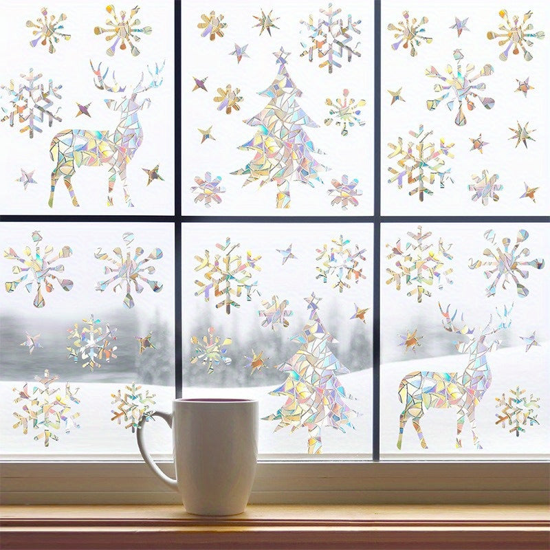 50 Christmas Window Clings - Prismatic Vinyl Stickers with Snowflakes, Trees & Reindeer - Bird-Friendly, Easy to Peel & Stick for Holiday Decor.