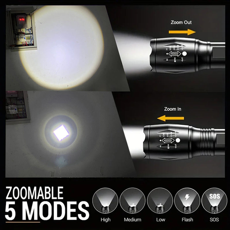 2 LED zoomable flashlights made of bright aluminum alloy for camping, hiking, fishing, emergencies. Batteries not included.