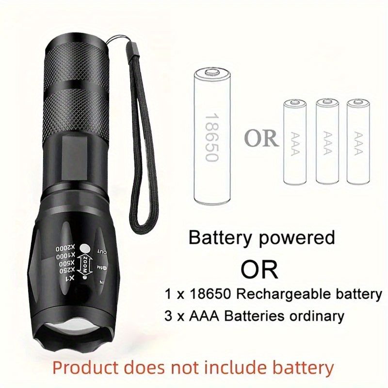 2 LED zoomable flashlights made of bright aluminum alloy for camping, hiking, fishing, emergencies. Batteries not included.