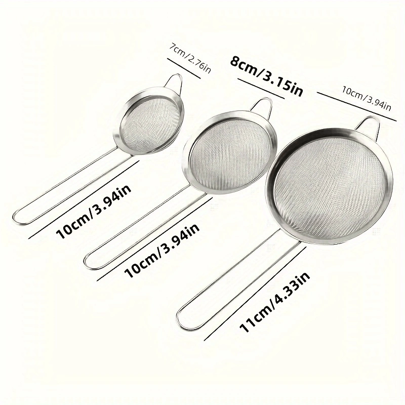 Set of 3 high-quality stainless steel strainers with fine mesh - Long-lasting, resistant to rust, and feature comfortable handles for easy use - Must-have tools for cooking and baking to create silky smooth sauces and sift flour evenly.