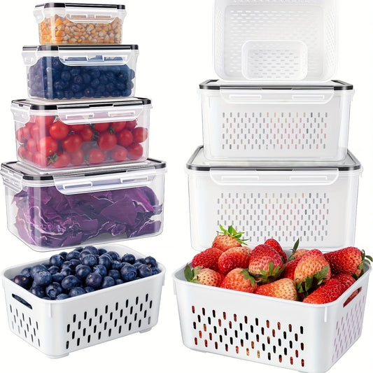 Set of 4 leakproof food storage containers made with BPA-free materials. Features an airtight seal to keep food fresh, perfect for meal prep and kitchen organization. Containers are reusable, stackable, and ideal for storing fruits, veggies, meats, and