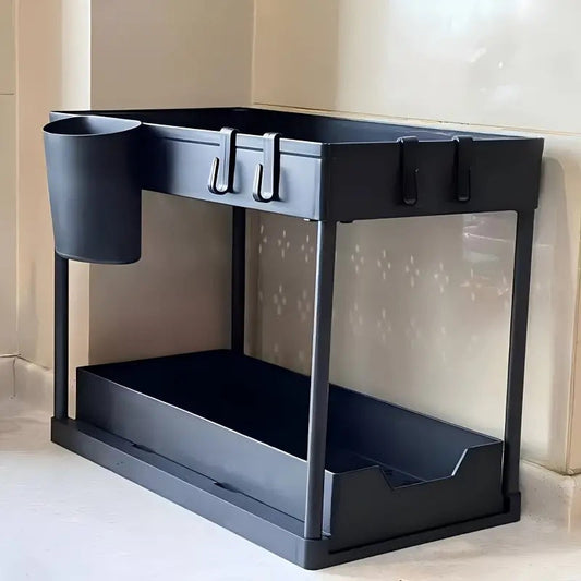 Modern 2-Tier Pull-Out Organizer Rack Made of Durable Plastic - Ideal for Kitchen, Bathroom, or Living Room Storage. Space-Saving Design with Easy Access Hooks - Non-Electric and Convenient.