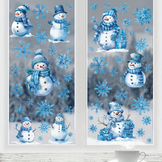 Vintage Shimmery Snowman & Snowflake Window Clings 4-Pack - 2mil Thick PVC Decals with Glitter Finish. Reusable Star-Shaped Holiday Decorations for Windows, Polyvinyl Chloride Stickers with Glitter Embellishment. Easy Mount Static Cling for Christmas.