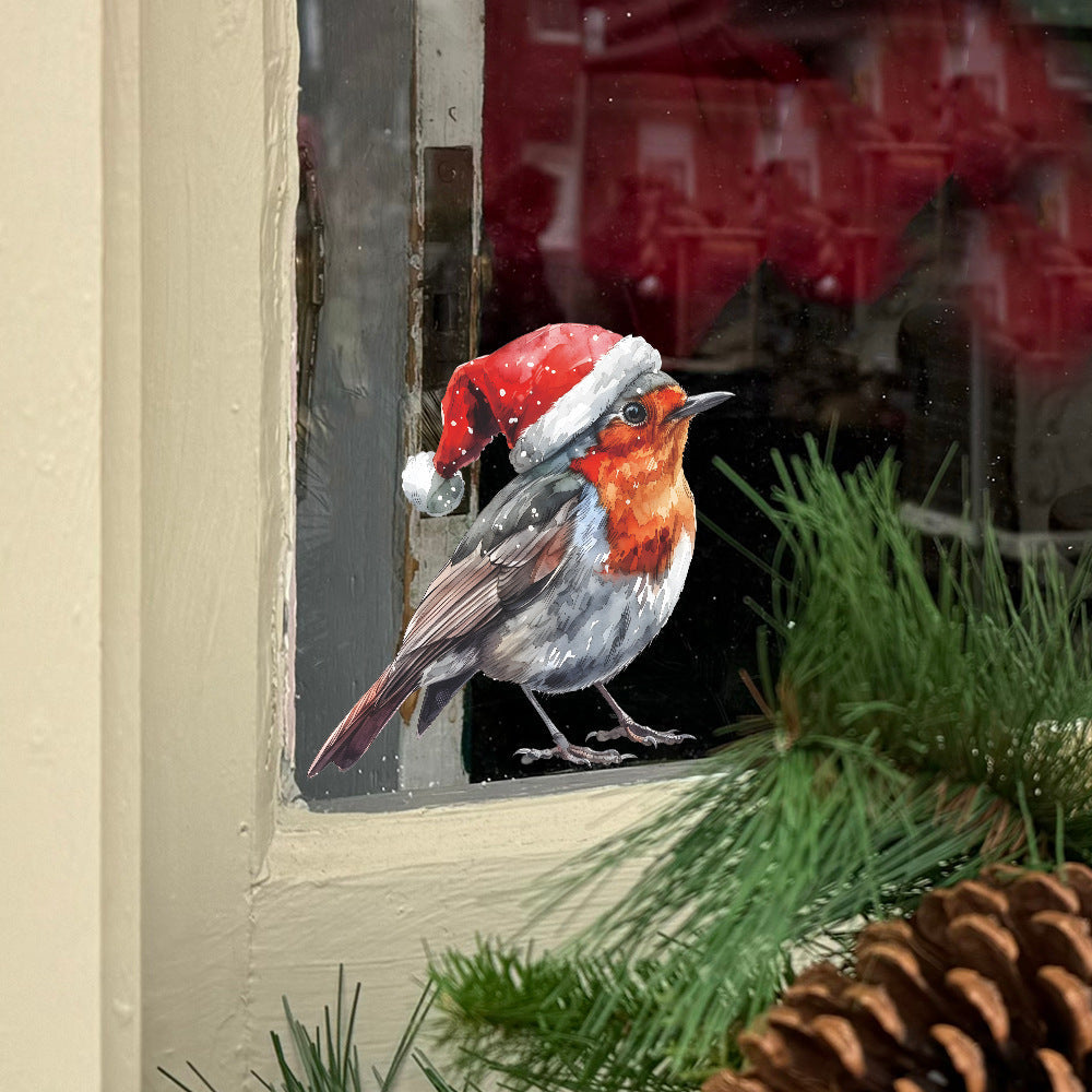 Holiday Home Decor Santa Hat Bird Window Cling, Made of Plastic Static Sticker, No Electricity Required, Feather-Free, Perfect for Bathroom Glass Decoration. Simple to Apply, Great for Christmas, Thanksgiving, New Year, Any Holiday Season.